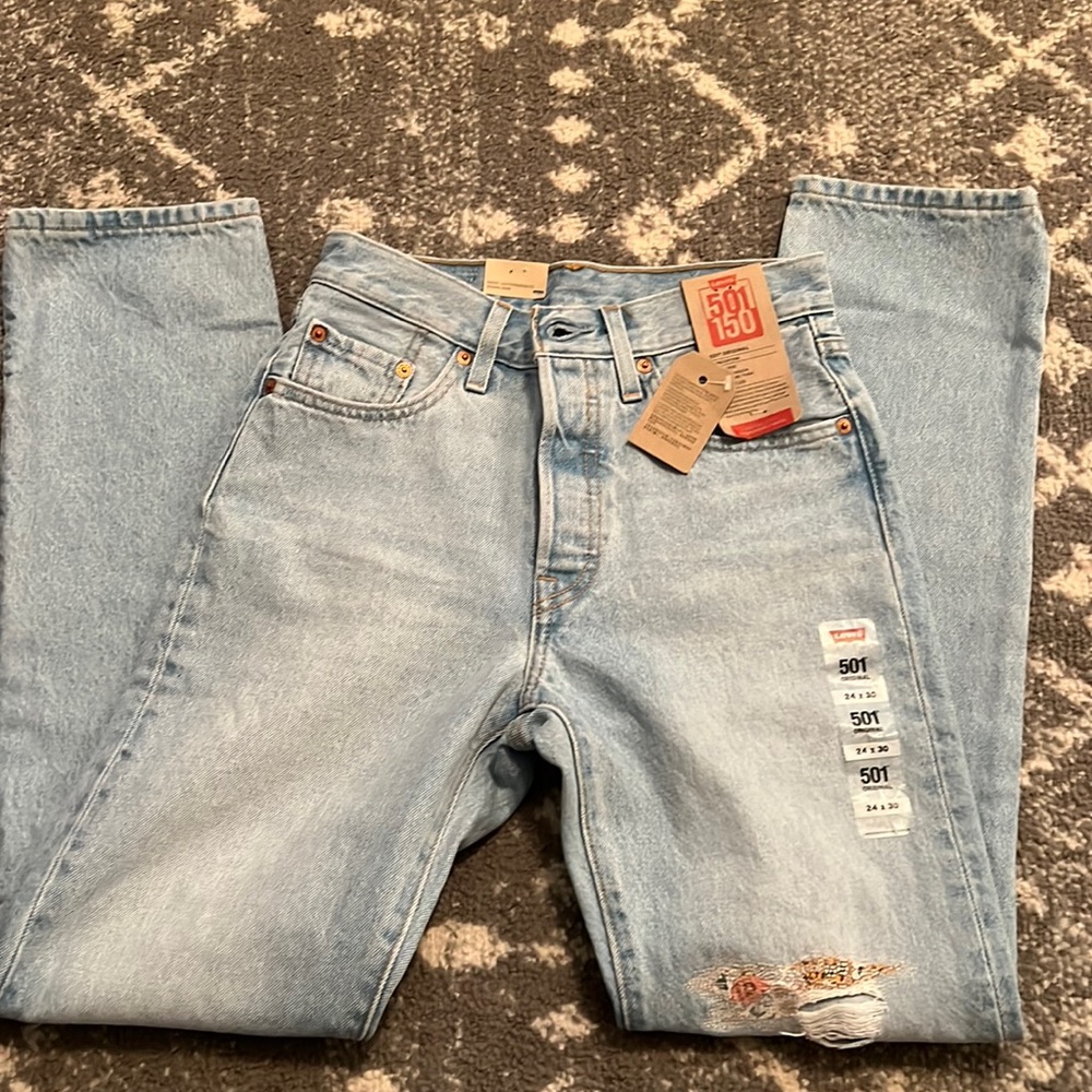 Perfect 501 straight leg jeans with little floral patchwork